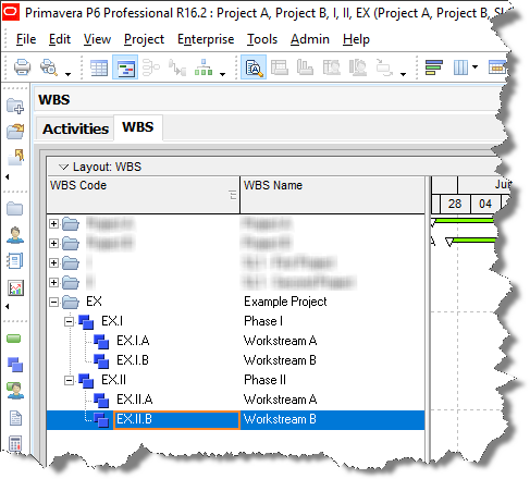 Primavera P6 schedule WBS with phases and workstreams.