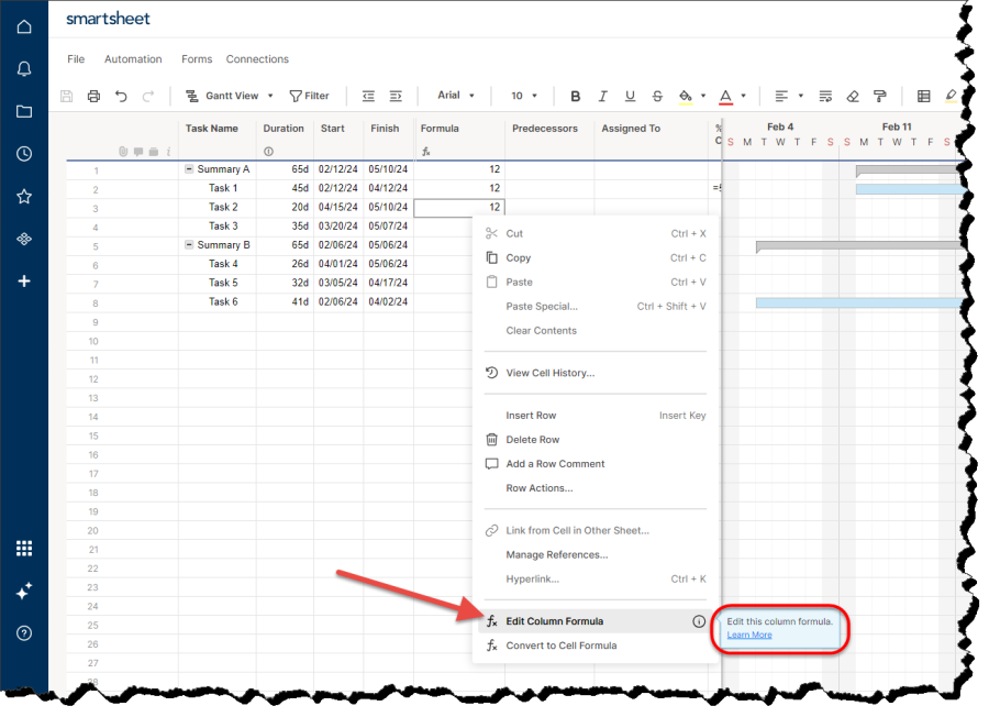 Adding or editing smartsheet formulas smartsheet tips