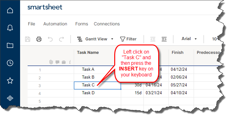 Smartsheet project with four tasks