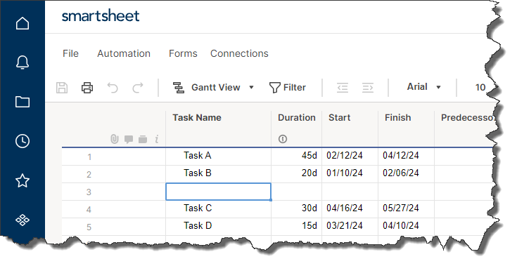 Smartsheet project with a new task inserted