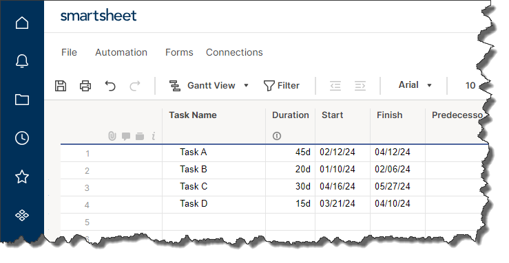 Simple Smartsheet project after adding four tasks with dates and durations.