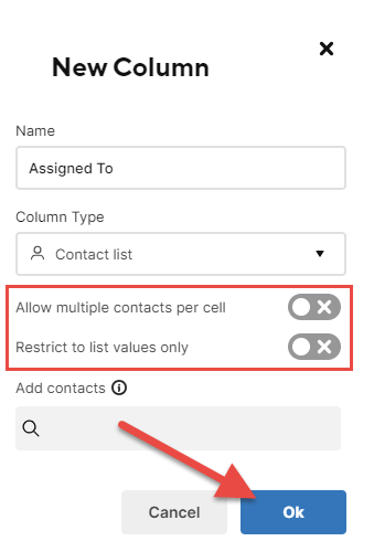 Options for the new contact list column in Smartsheet.