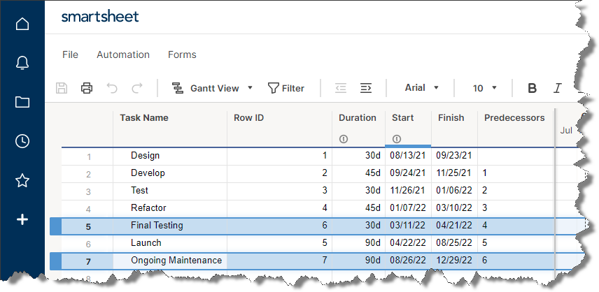 Row IDs auto-increment as tasks are added to Smartsheet.